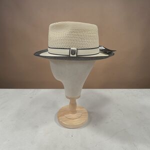 STACY ADAMS  "TYRONE" POLY BRAIDED PINCH FRONT BLACK/ CREAM MENS FEDORA HAT.